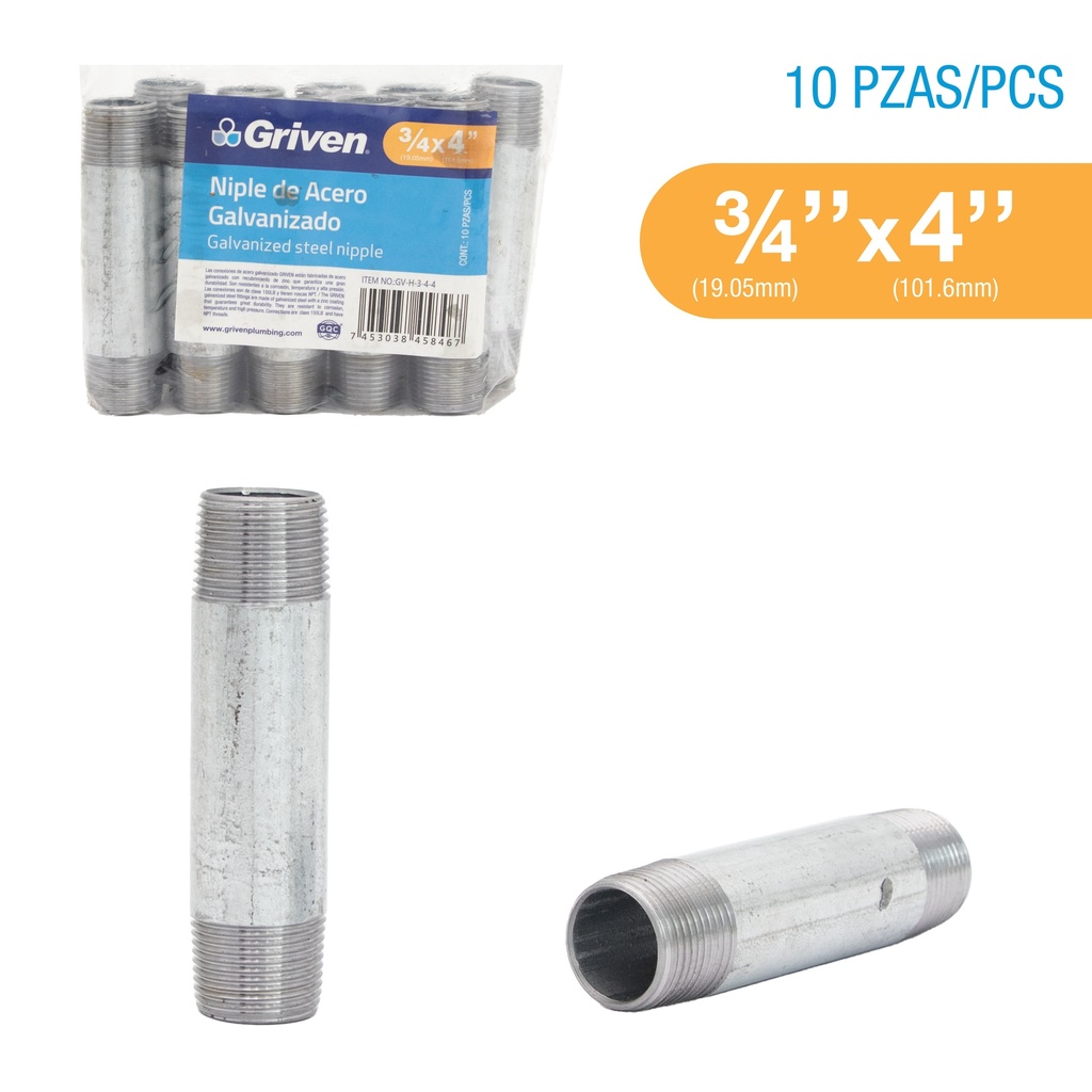 NIPLE GALVANIZADO 3/4 x 4" GRIVEN 8-239