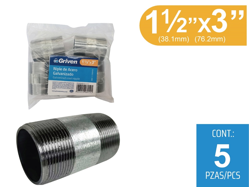 NIPLE GALVANIZADO 1 1/2 x 3" GRIVEN 8-250