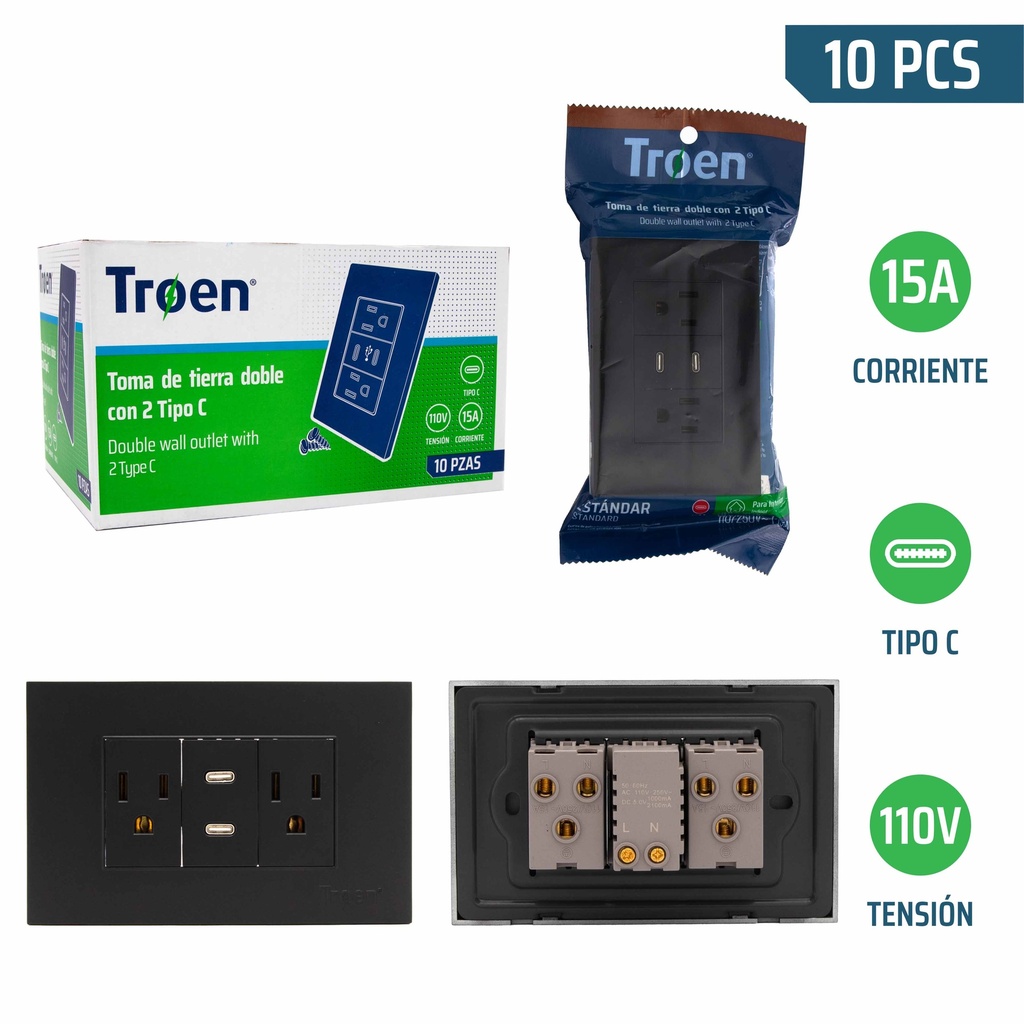 TOMA DOBLE C/TIERRA C/PUERTO TIPO C NEGRO TROEN 8-262