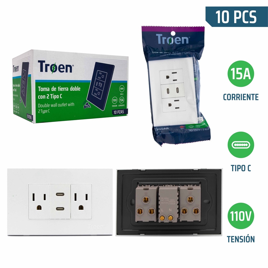 TOMA DOBLE C/TIERRA C/PUERTO TIPO C BLANCO TROEN 8-264