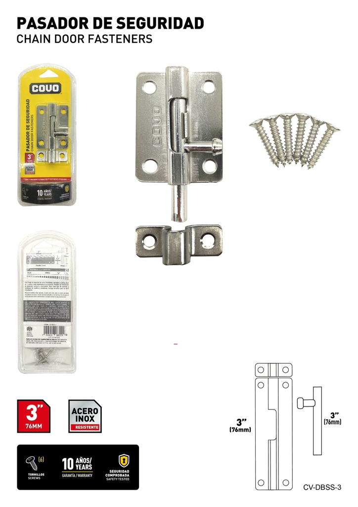 PASADOR DE SEGURIDAD ACERO INOX 3" COVO 8-287