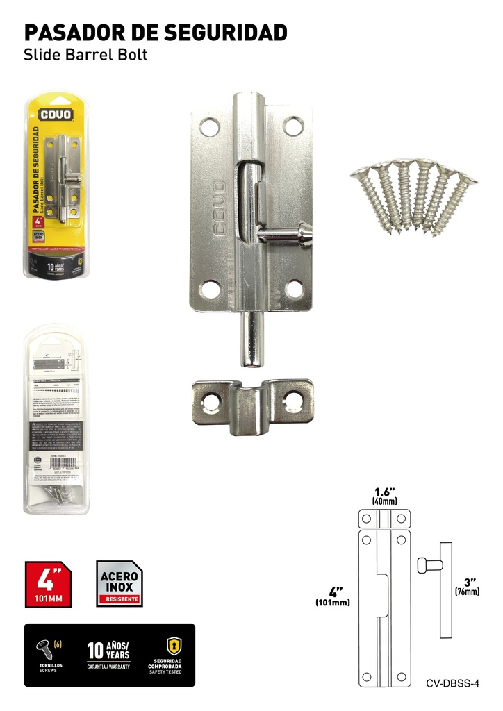PASADOR DE SEGURIDAD ACERO INOX 4" COVO 8-288