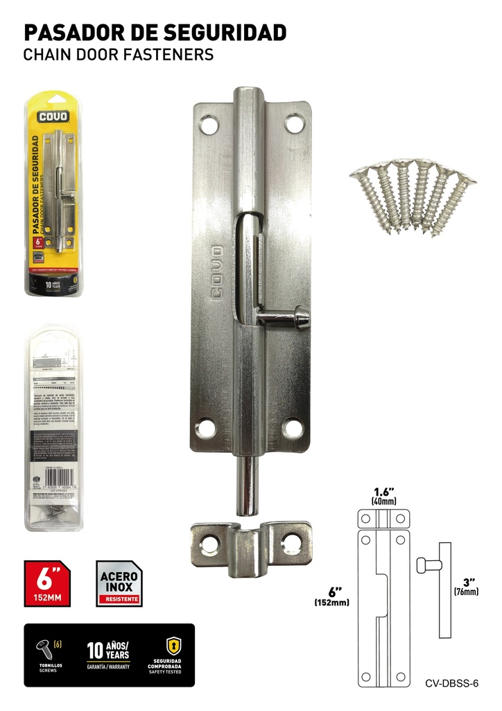 PASADOR DE SEGURIDAD ACERO INOX 6" COVO 8-290
