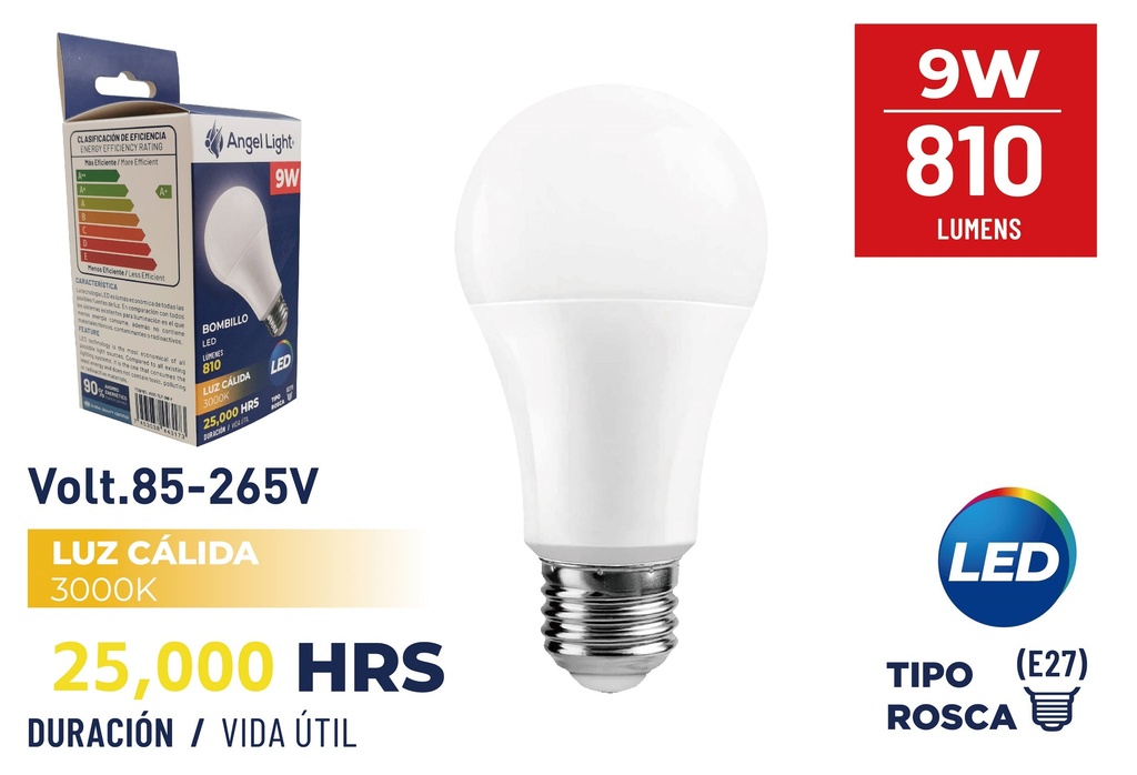 BOMBILLO BULBO LED 9W LUZ CALIDA ANGEL LIGHT 8-293