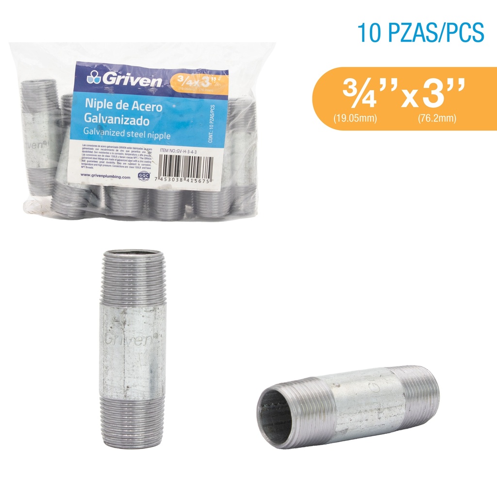 NIPLE GALVANIZADO 3/4 x 3" GRIVEN 8-326