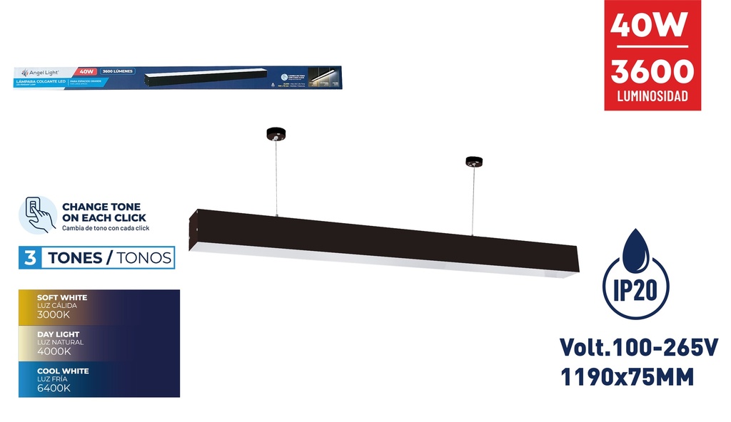 LAMPARA LED P/TECHO 40W NEGRA ANGEL LIGHT 8-337