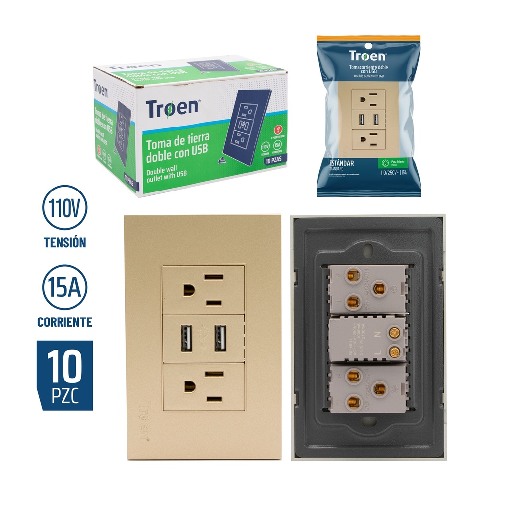 TOMA DOBLE C/TIERRA C/PUERTO USB GOLD TROEN 8-374