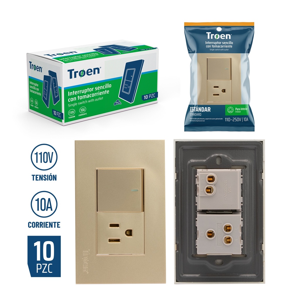 INTERRUPTOR SENCILLO + TOMA GOLD TROEN 8-382