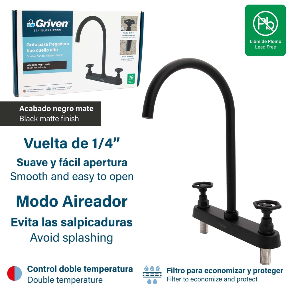 LLAVE FREGADERO DOBLE 8" ACERO INOX GRIVEN 8-485