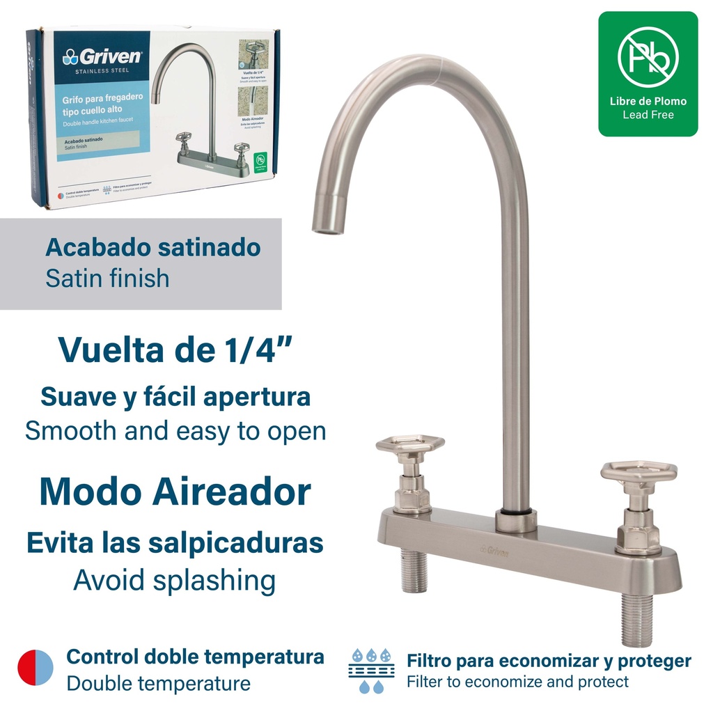 LLAVE FREGADERO DOBLE 8" ACERO INOX GRIVEN 8-486