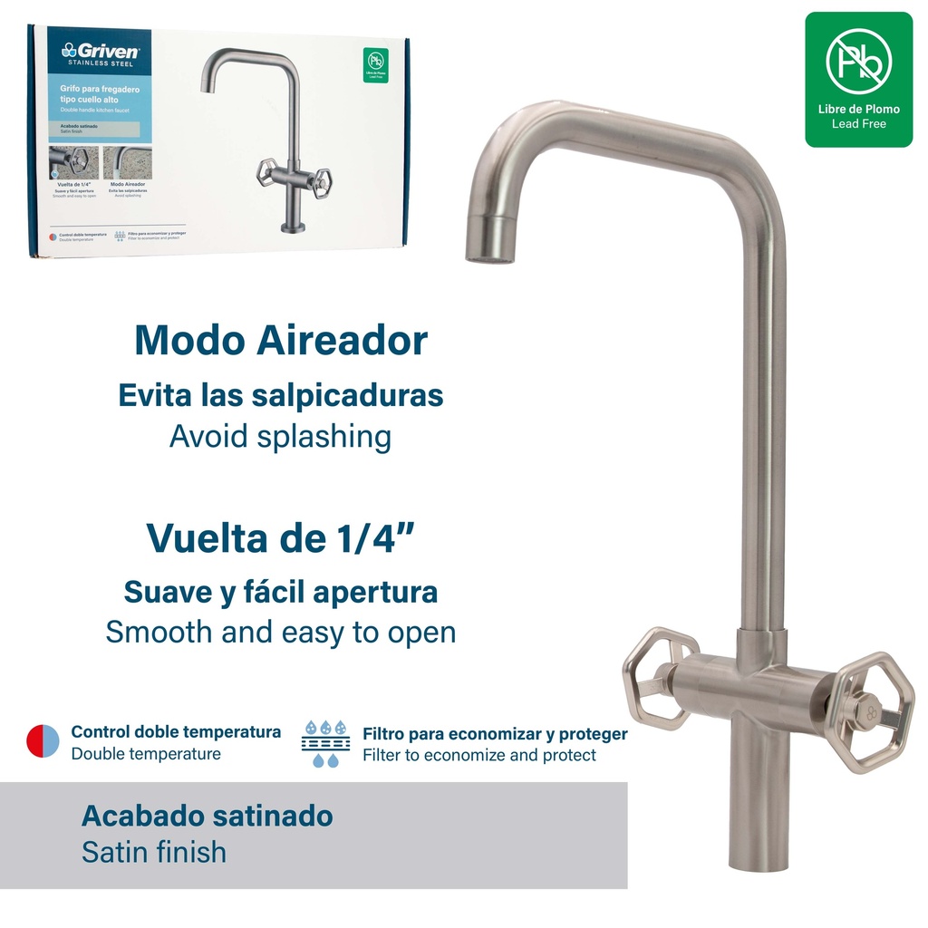 LLAVE FREGADERO DOBLE ACERO INOX GRIVEN 8-500