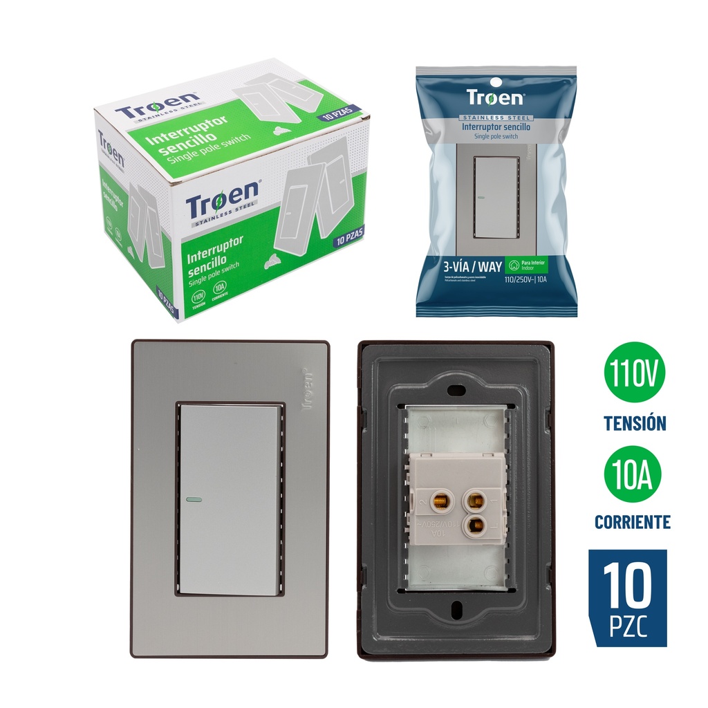 INTERRUPTOR SENCILLO 3 WAY ACERO INOX TROEN 8-507