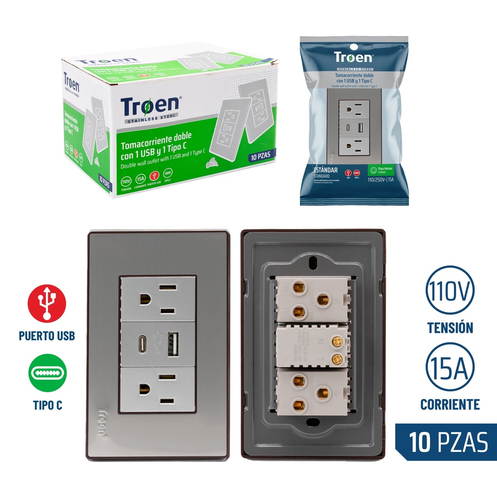 TOMA DOBLE C/TIERRA C/PUERTO USB + TIPO C ACERO INOX TROEN 8-511