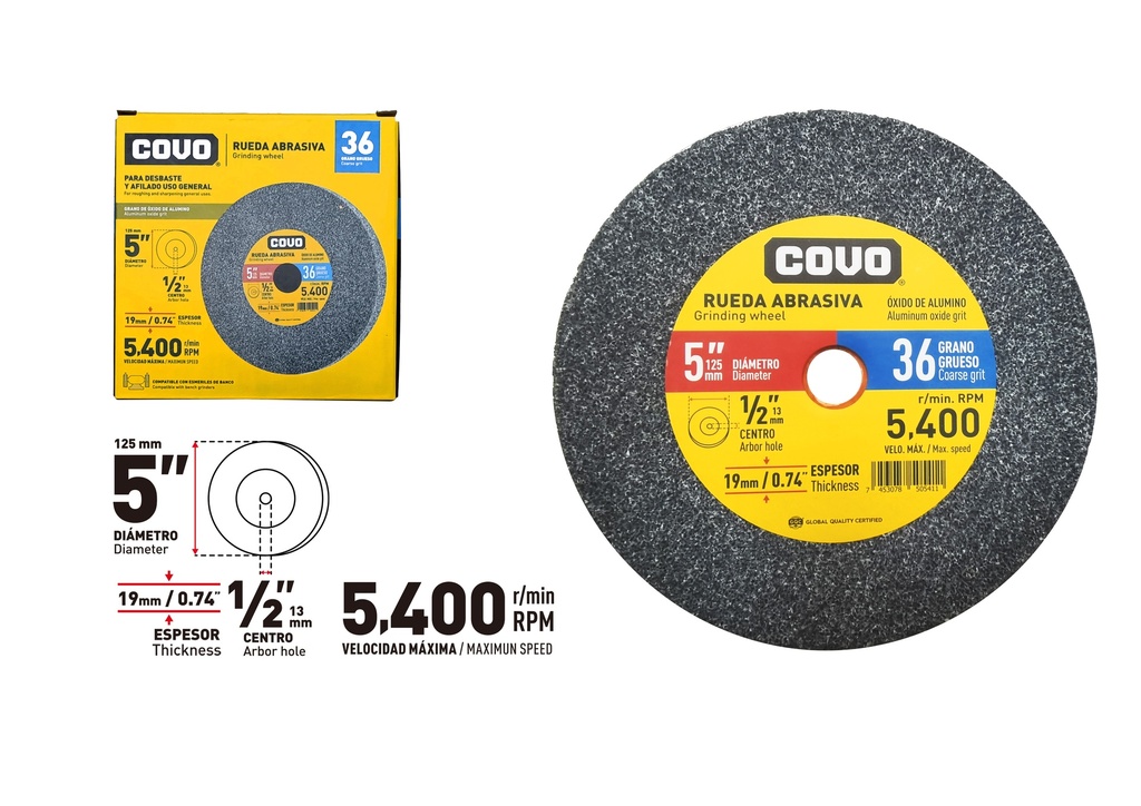 DISCO P/ESMERIL D/BANCO G36 5" x 19MM COVO 8-665