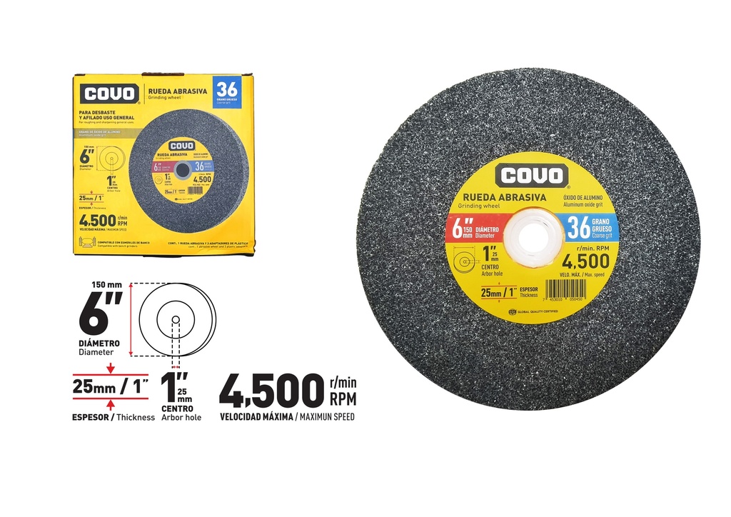 DISCO P/ESMERIL D/BANCO G36 6" x 25MM COVO 8-666