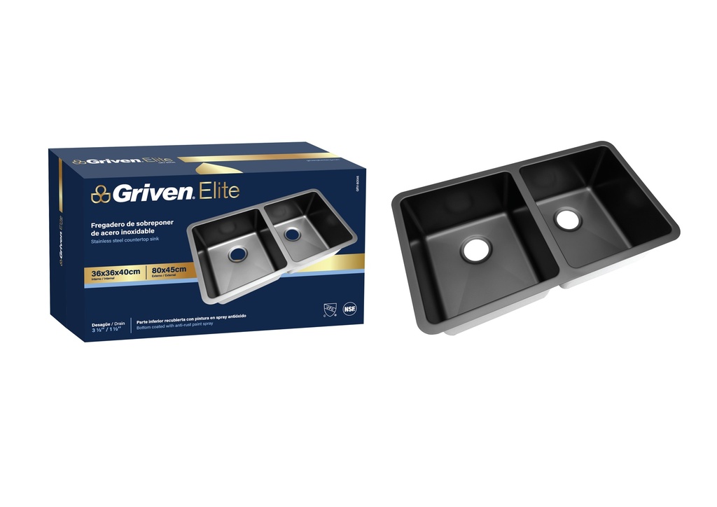 FREGADERO NEGRO ACERO INOX DOBLE 80X45CM GRIVEN ELITE 8-686