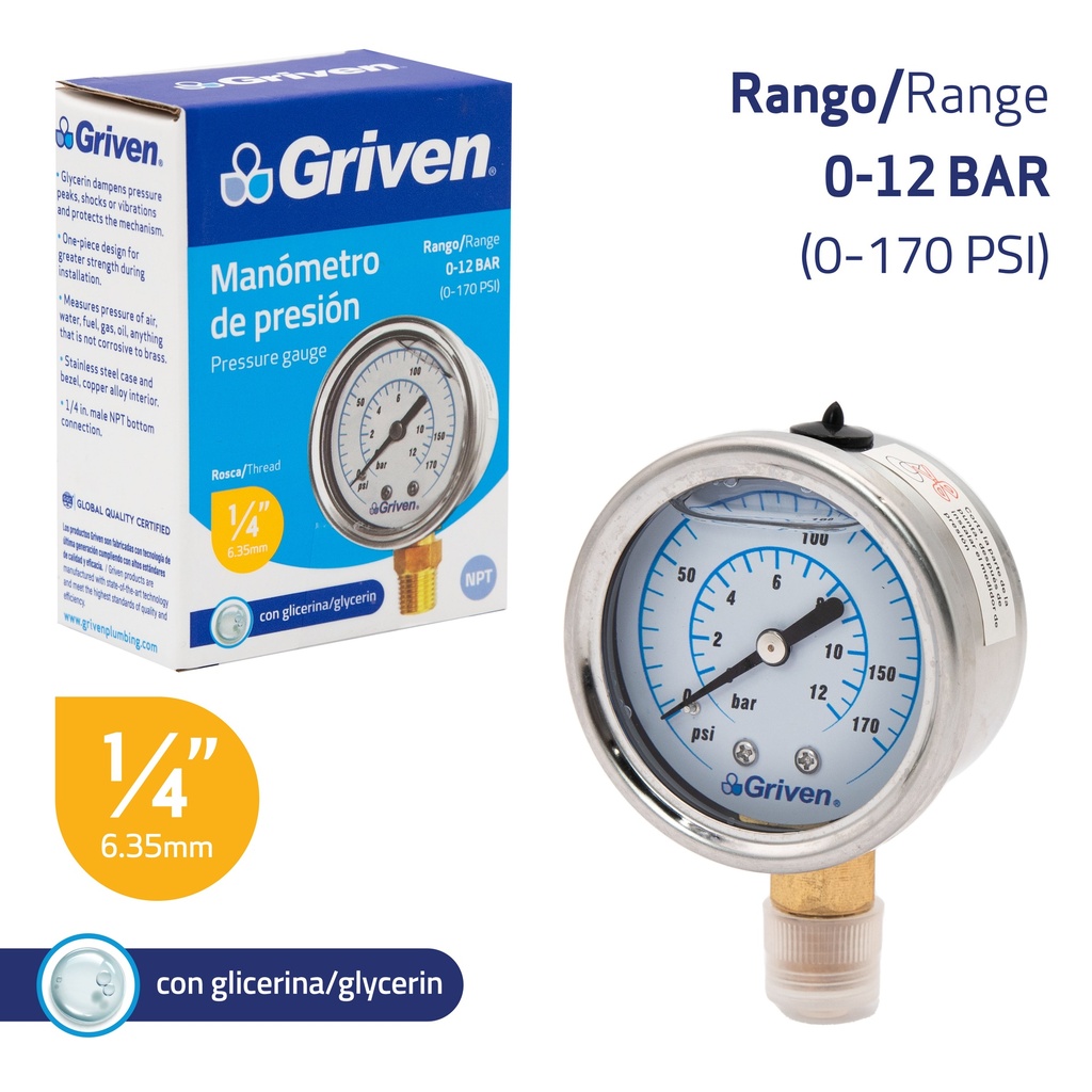 MANOMETRO 0-12 BAR 1/4" GRIVEN 8-767