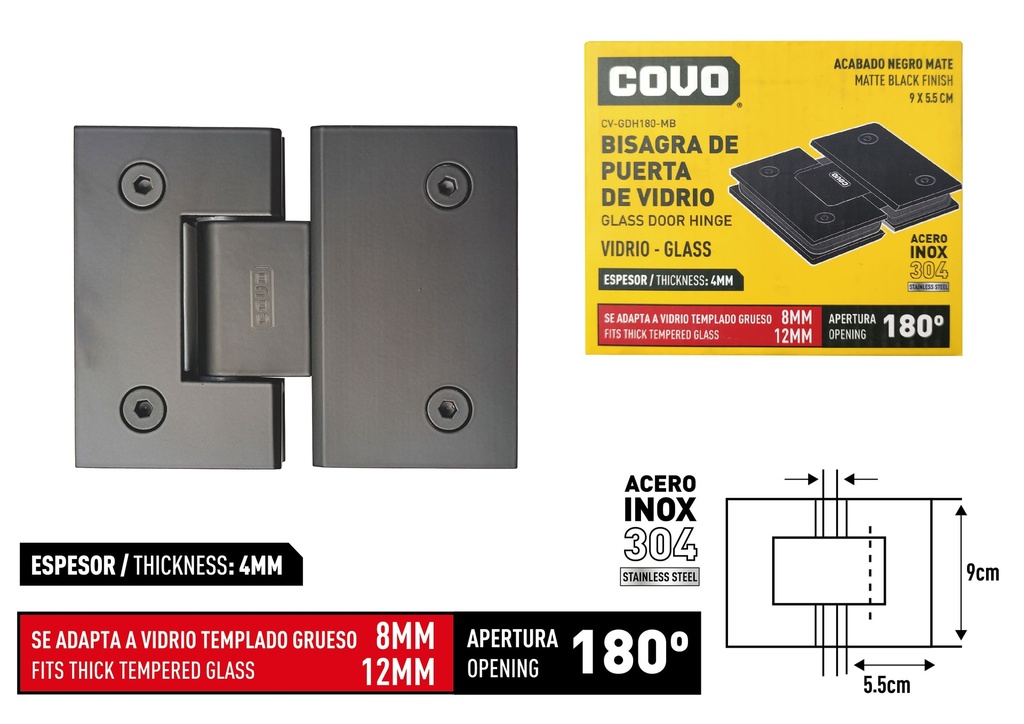 BISAGRA P/PUERTA DE VIDRIO  NEGRA COVO 8-820