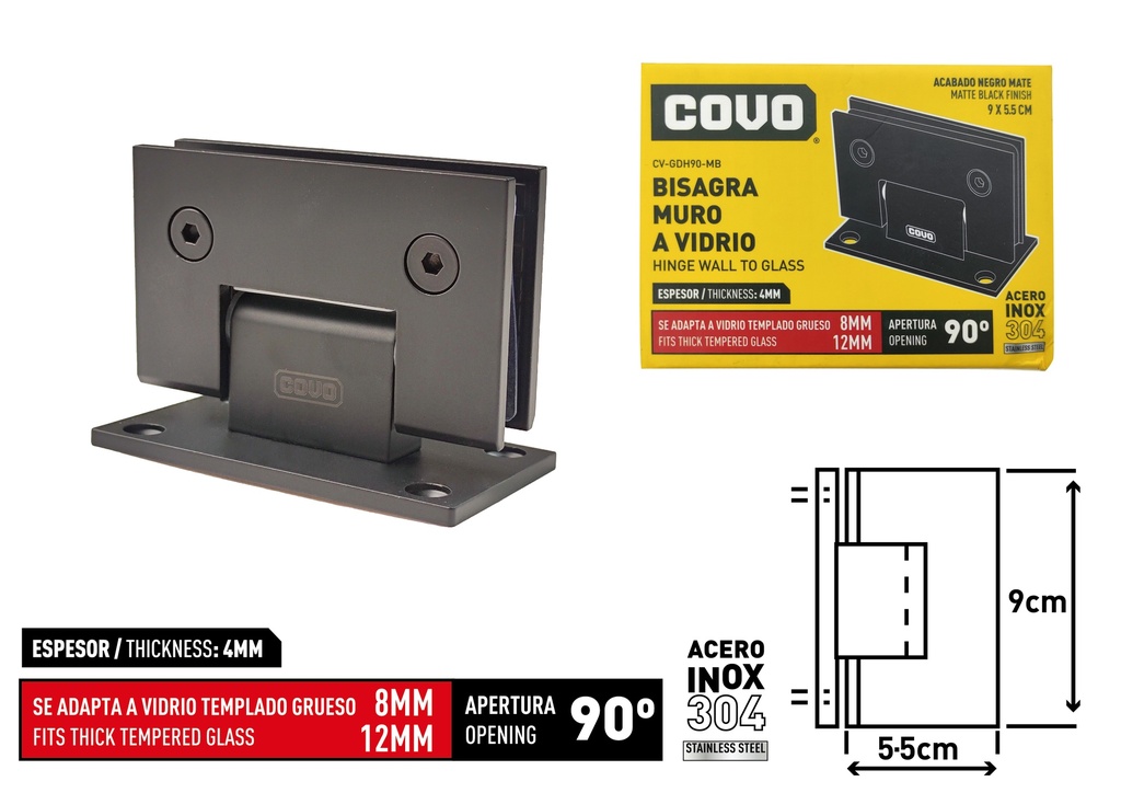BISAGRA P/CUERPO FIJO DE VIDRIO NEGRA COVO 8-822