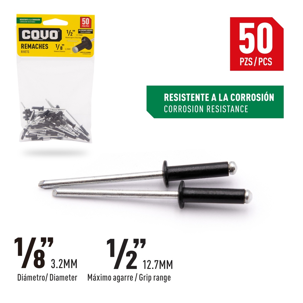 REMACHES 1/8 X 1/2" x 50 UNID NEGRO COVO 8-849
