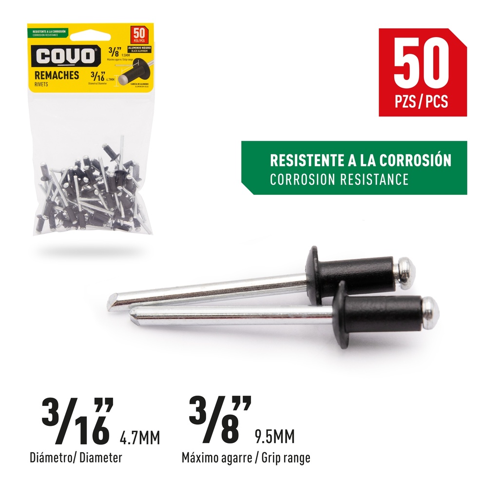 REMACHES 3/16 X 3/8" x 50 UNID NEGRO COVO 8-850
