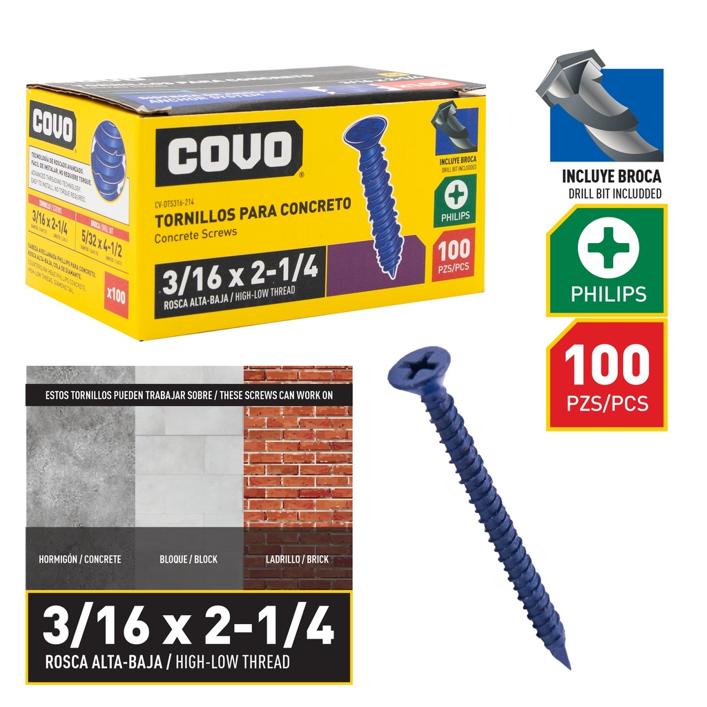 TORNILLO P/CONCRETO 3/16" x 2 1/4" x 100 UNID COVO 8-860