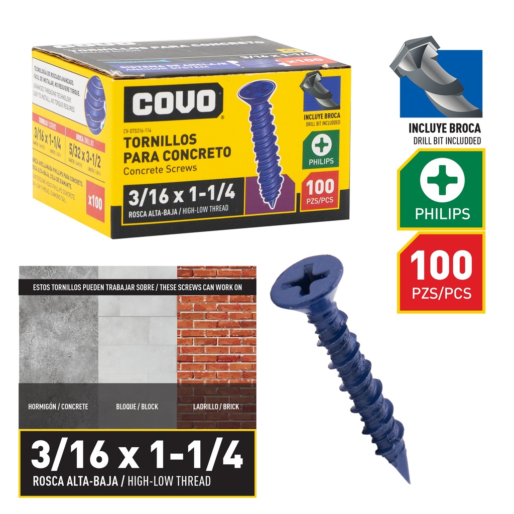 TORNILLO P/CONCRETO 3/16" x 1 1/4" x 100 UNID COVO 8-862