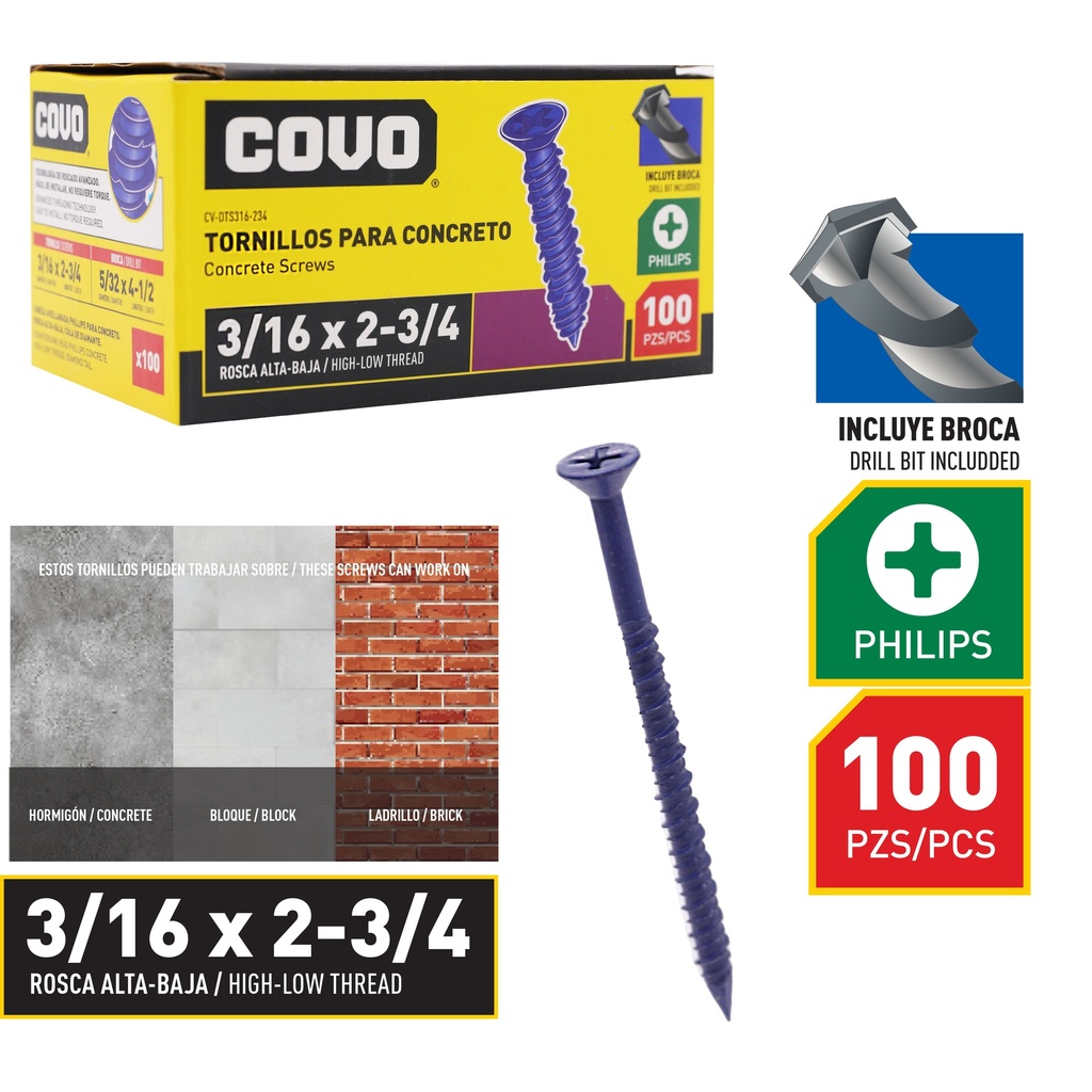 TORNILLO P/CONCRETO 3/16" x 2 3/4" x 100 UNID COVO 8-863