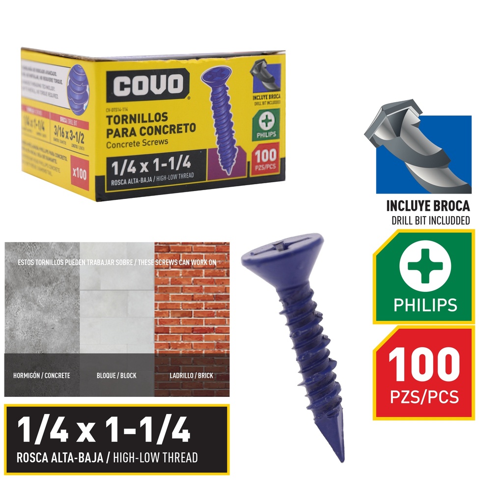 TORNILLO P/CONCRETO 1/4" x 1 1/4" x 100 UNID COVO 8-867