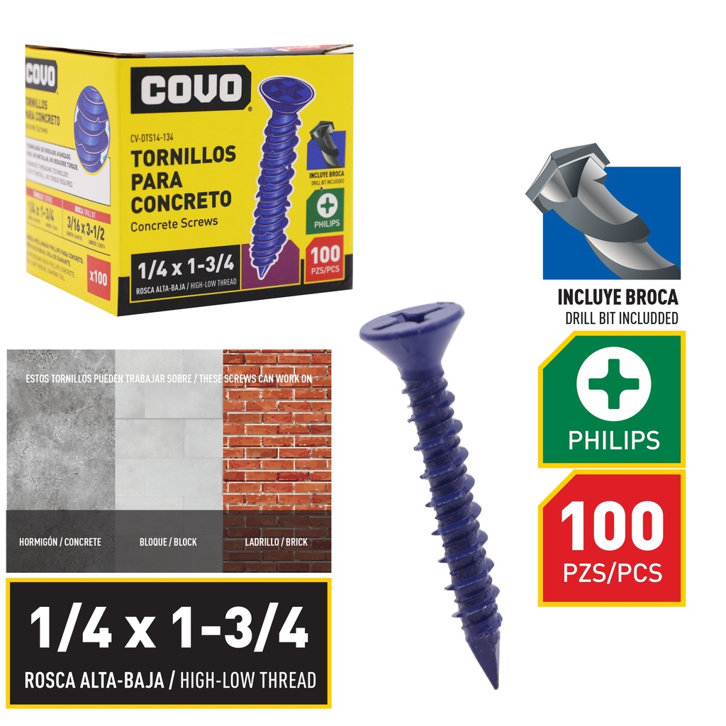 TORNILLO P/CONCRETO 1/4" x 1 3/4" x 100 UNID COVO 8-868