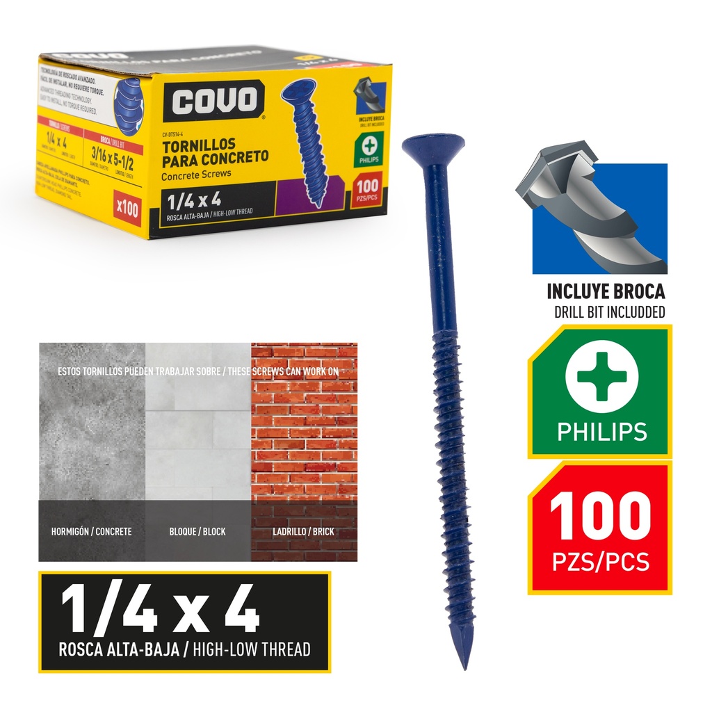 TORNILLO P/CONCRETO 1/4" x 4" x 100 UNID COVO 8-873