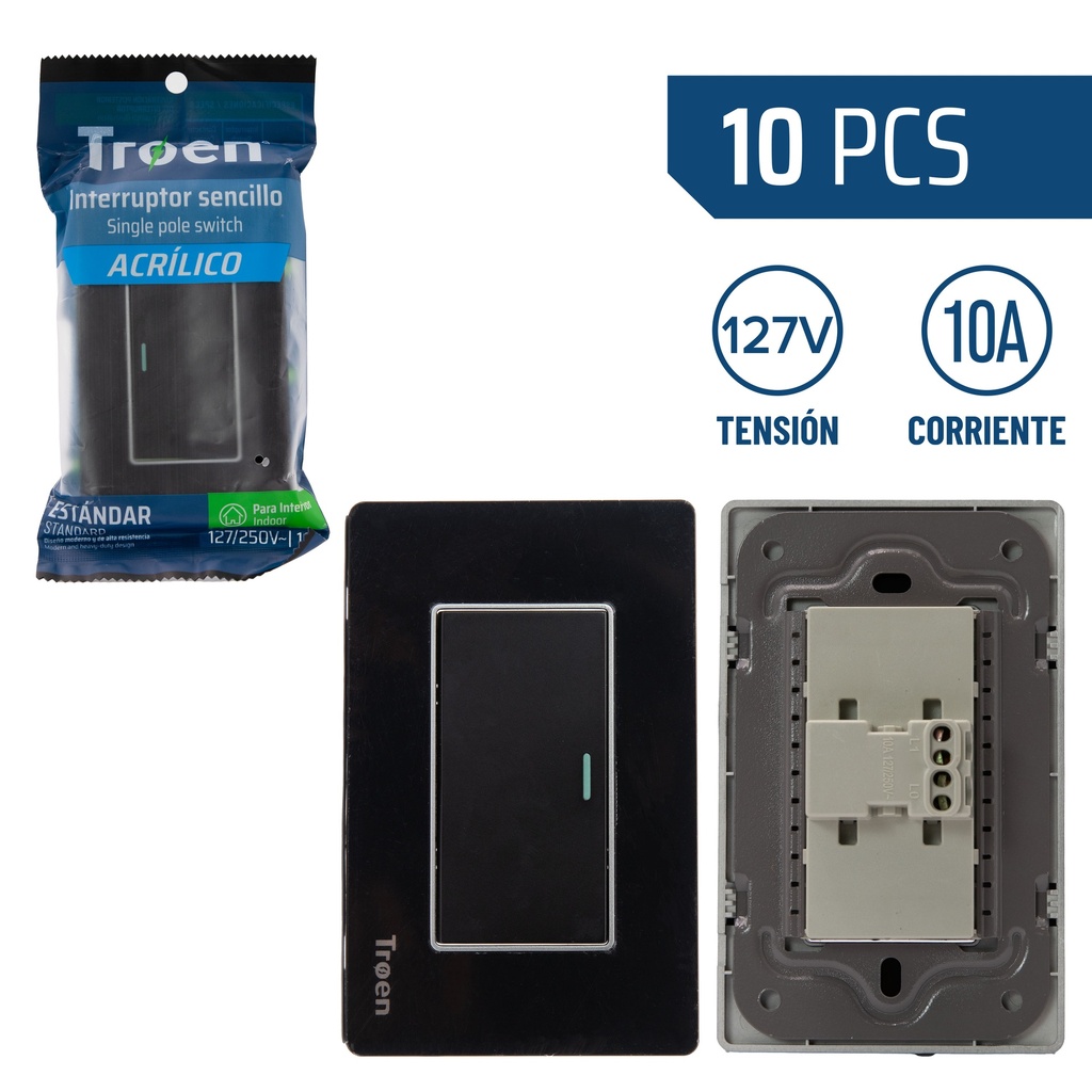 INTERRUPTOR SENCILLO ACRILICO NEGRO TROEN 8-923