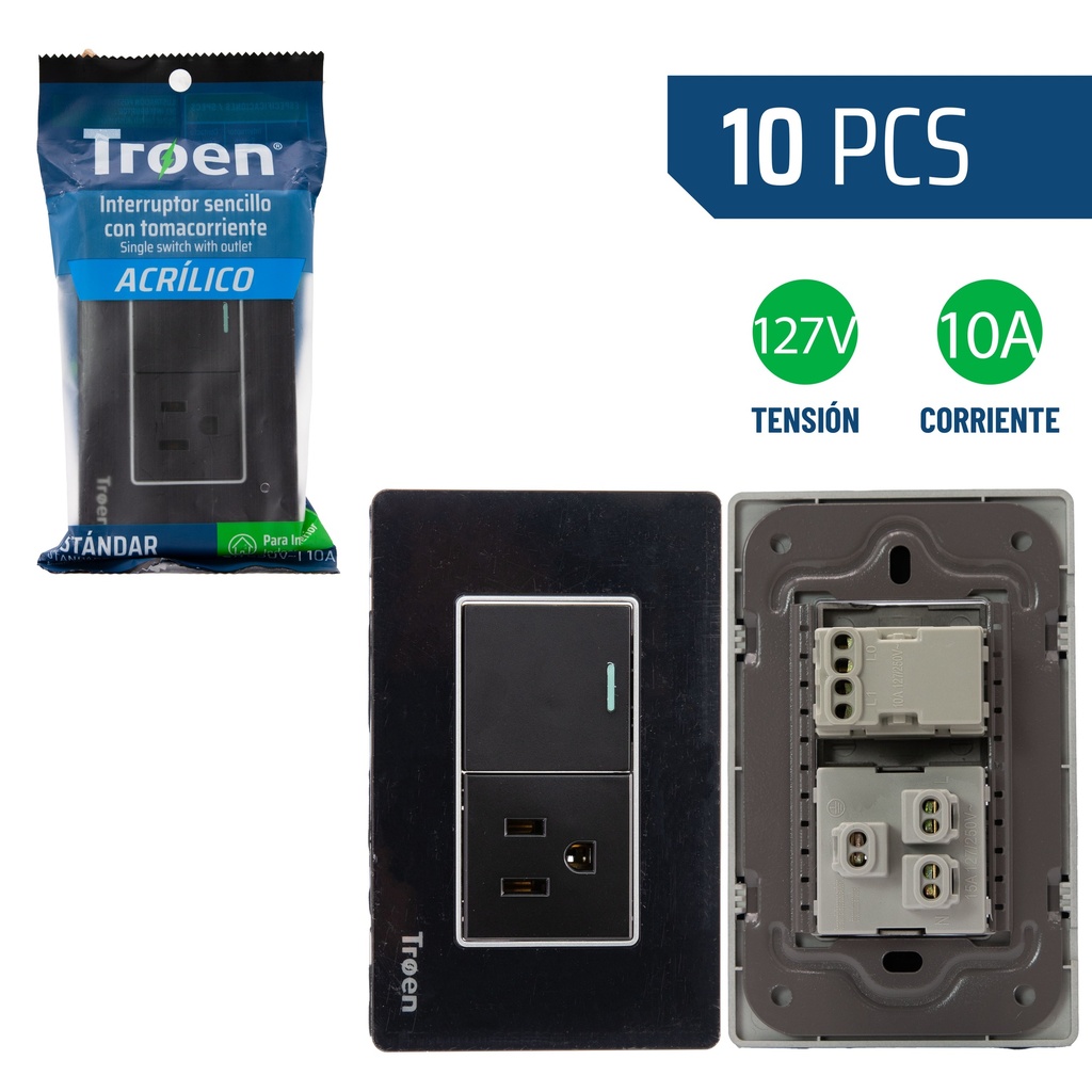 INTERRUPTOR + TOMA ACRILICO NEGRO TROEN 8-924