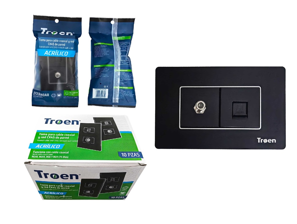 TOMA P/CABLE COAXIAL / RJ45 ACRILICO NEGRO TROEN 8-931