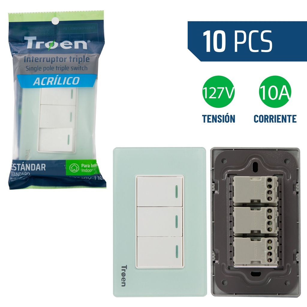 INTERRUPTOR TRIPLE ACRILICO NATURAL TROEN 8-938