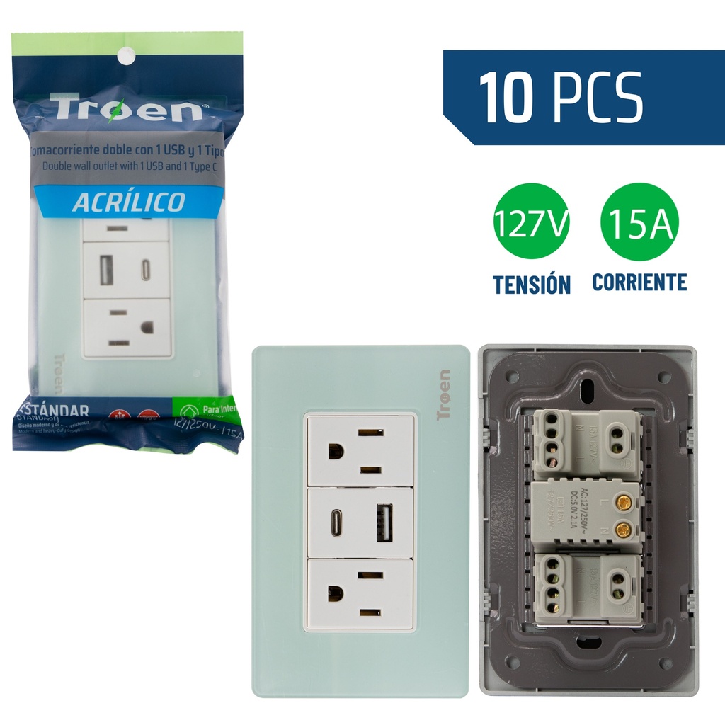 TOMA DOB C/TIER C/PORT USB + TIPO C ACRILICO NATU TROEN 8-940