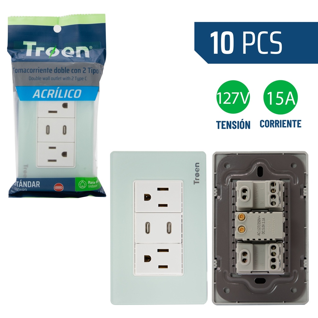 TOMA DOBLE C/TIERRA C/PUERTO TIPO C ACRILICO NATURAL TROEN 8-941