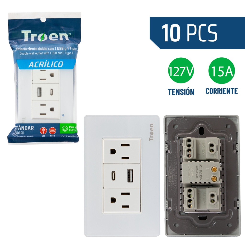 TOMA DOB C/TIER C/PORT USB + TIPO C ACRILICO BLANCO TROEN 8-952