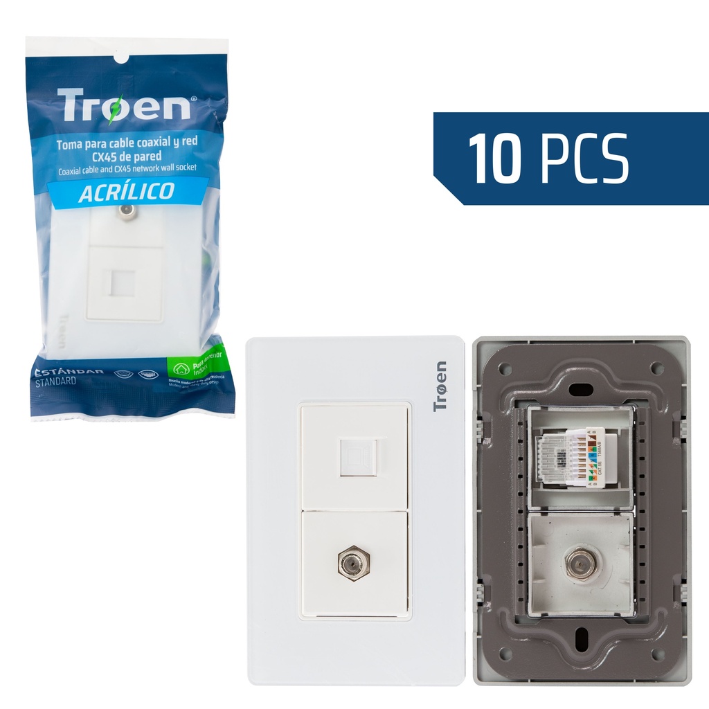 TOMA P/CABLE COAXIAL / RJ45 ACRILICO BLANCO TROEN 8-954