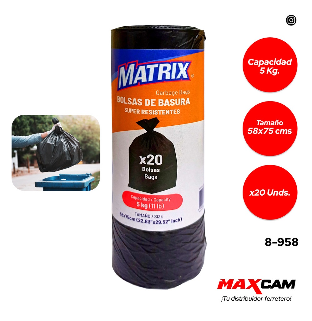 BOLSA DE BASURA 58x75CM 5KG x 20 UNID MATRIX 8-958