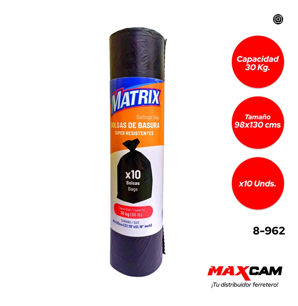 BOLSA DE BASURA 96x130CM 30KG x 10 UNID MATRIX 8-962