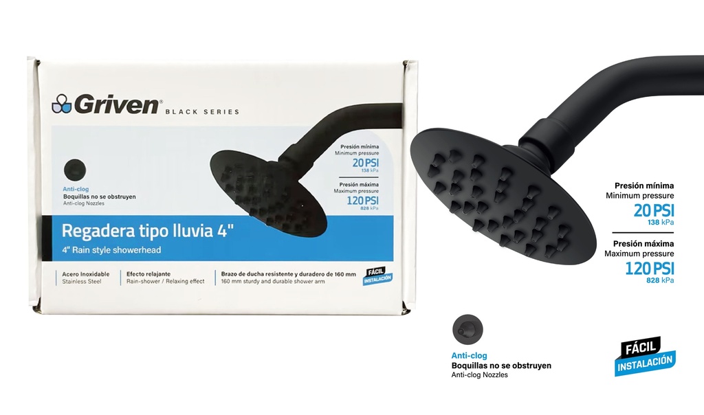 REGADERA REDONDA 4" GRIVEN BLACK 9-017