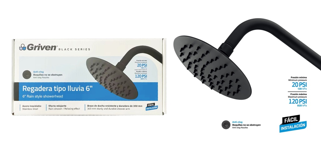 REGADERA REDONDA 6" GRIVEN BLACK 9-018