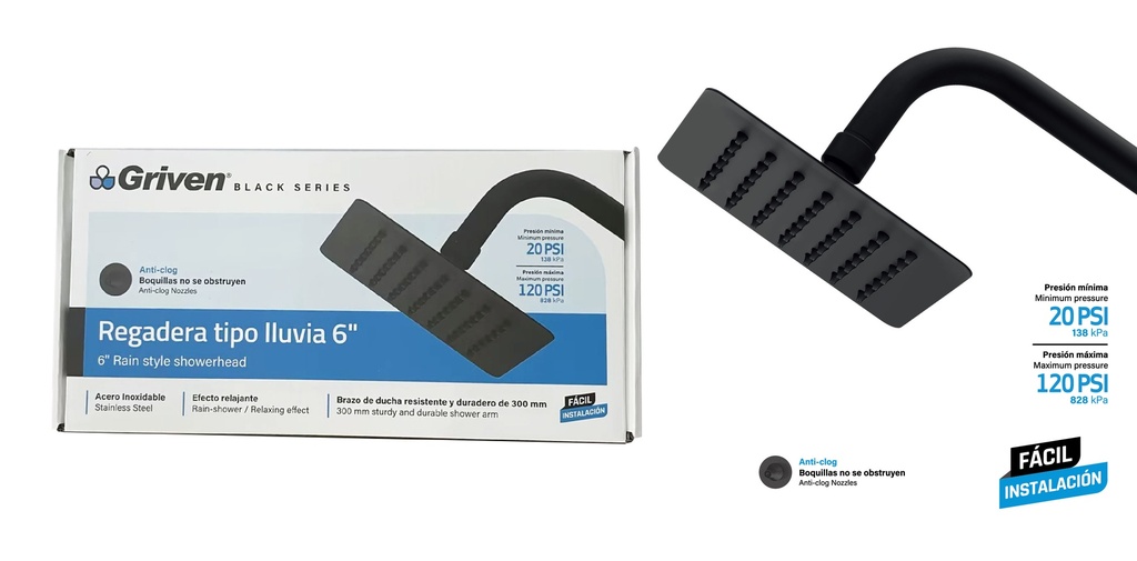 REGADERA CUADRADA 6" GRIVEN BLACK 9-029