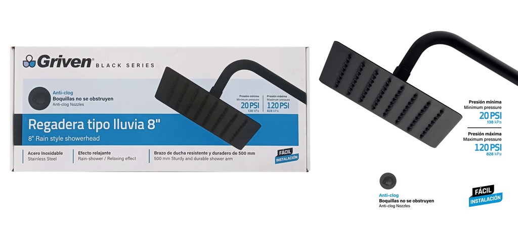 REGADERA CUADRADA 8" GRIVEN BLACK 9-030
