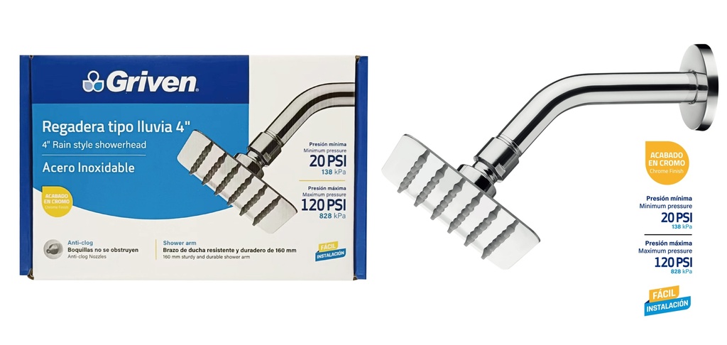 REGADERA CUADRADA 4" GRIVEN 9-031