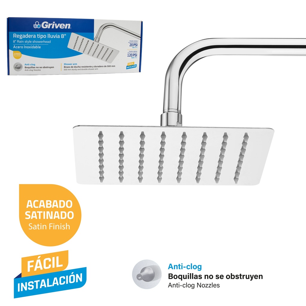 REGADERA CUADRADA 8" GRIVEN 9-033
