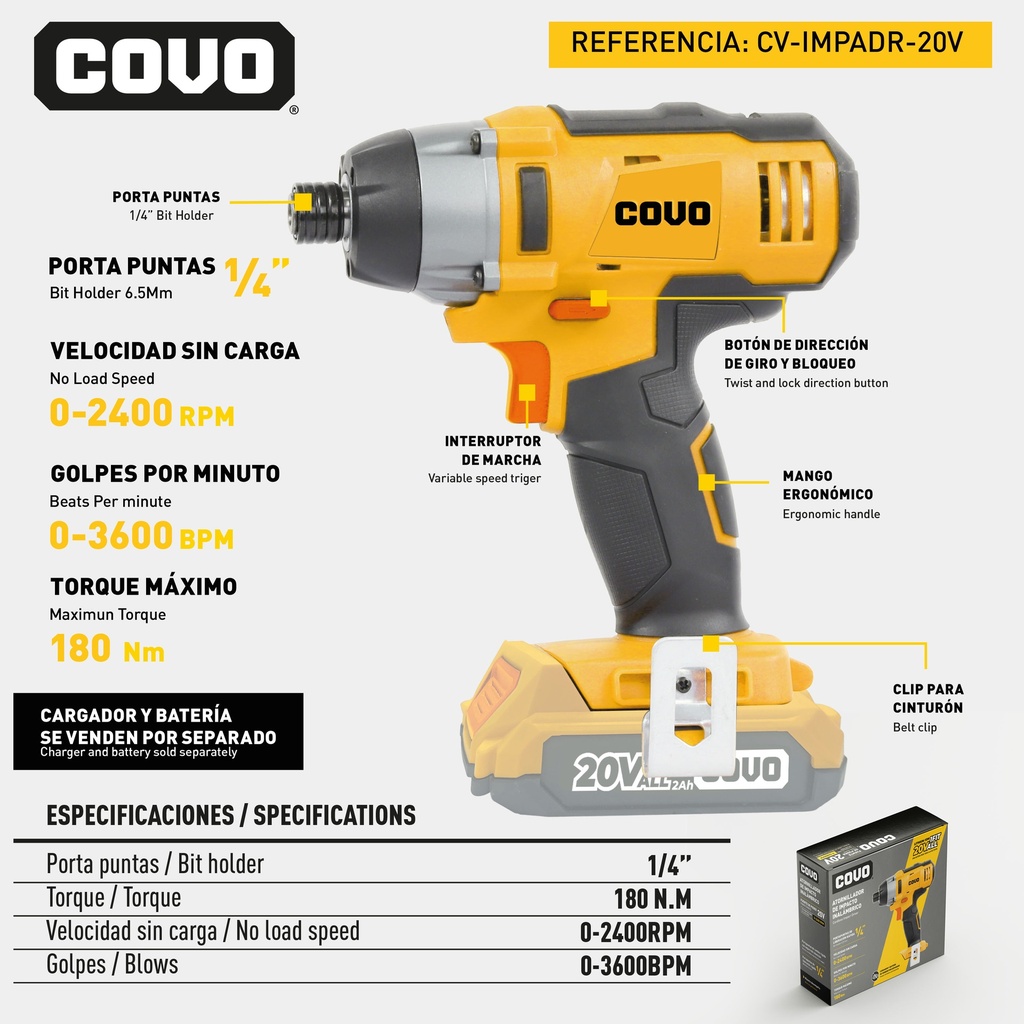 ATORNILLADOR DE IMPACTO INALAMBRICO 20V COVO 9-040
