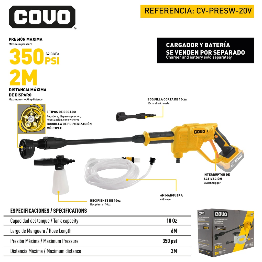 HIDROJET INALAMBRICO 20V 350PSI COVO 9-043