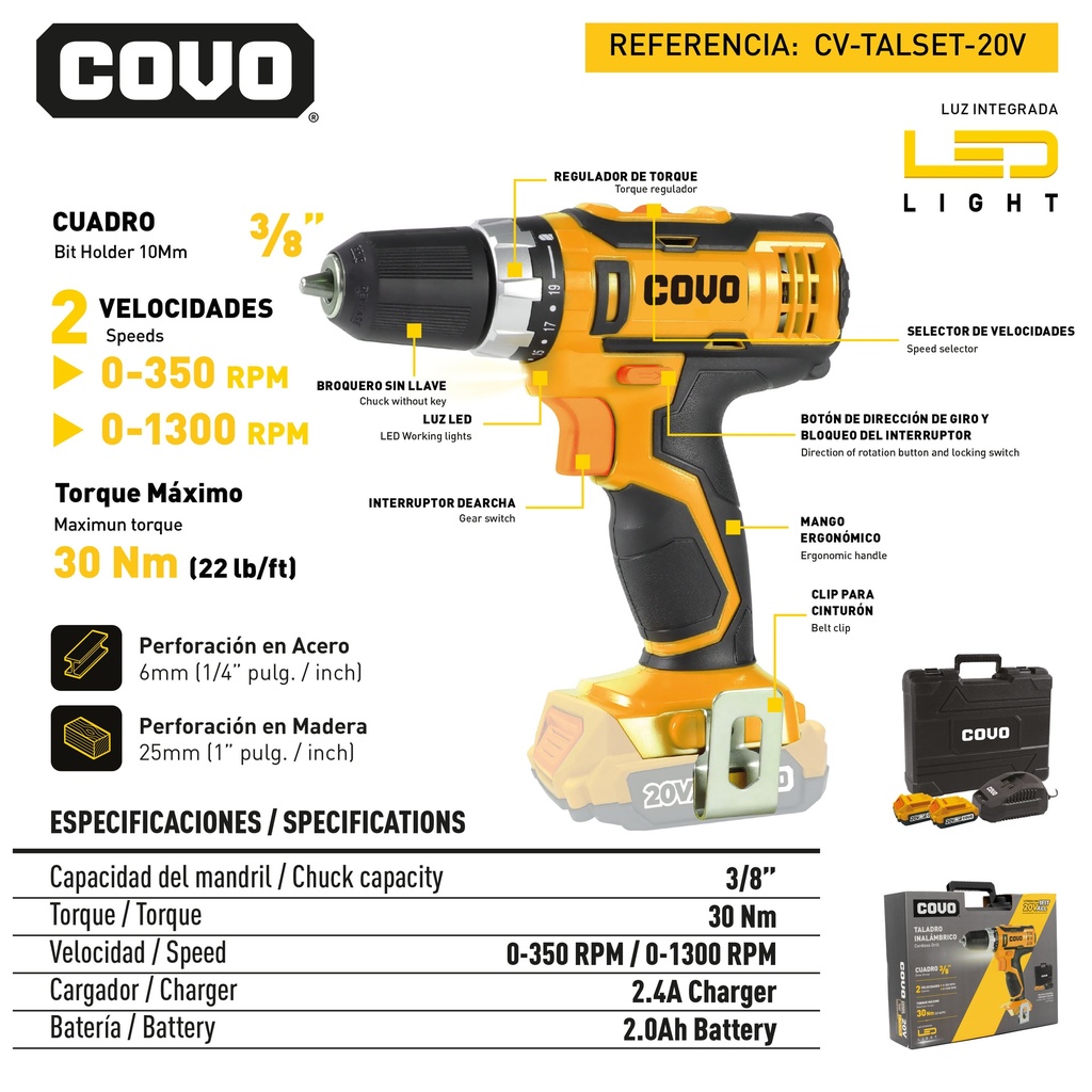TALADRO INALAMBRICO 3/8 20V C/BAT+CARG COVO 9-051